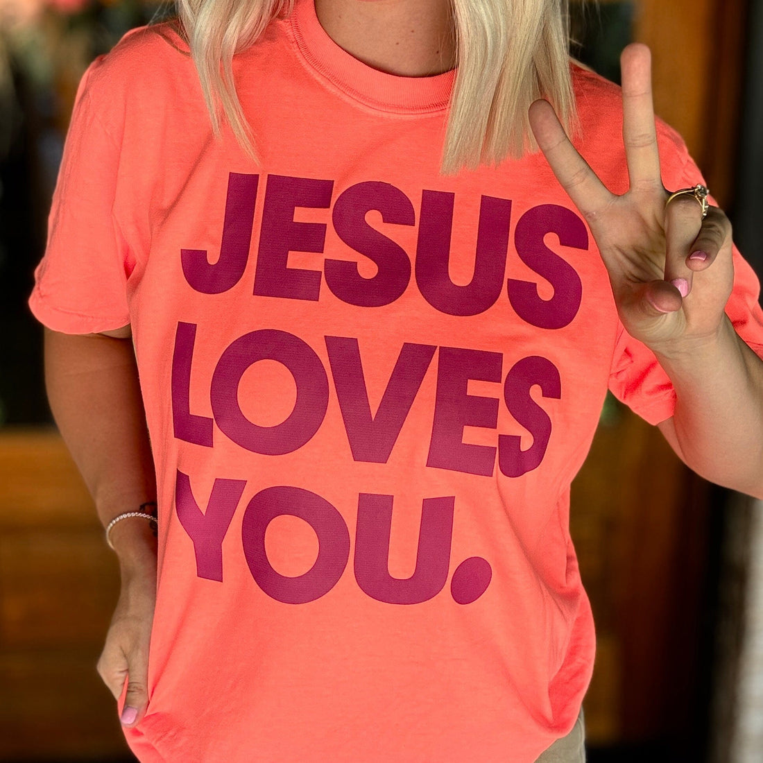 Women - Apparel - Shirts - T-Shirts Neon Jesus Loves You. Graphic Tee