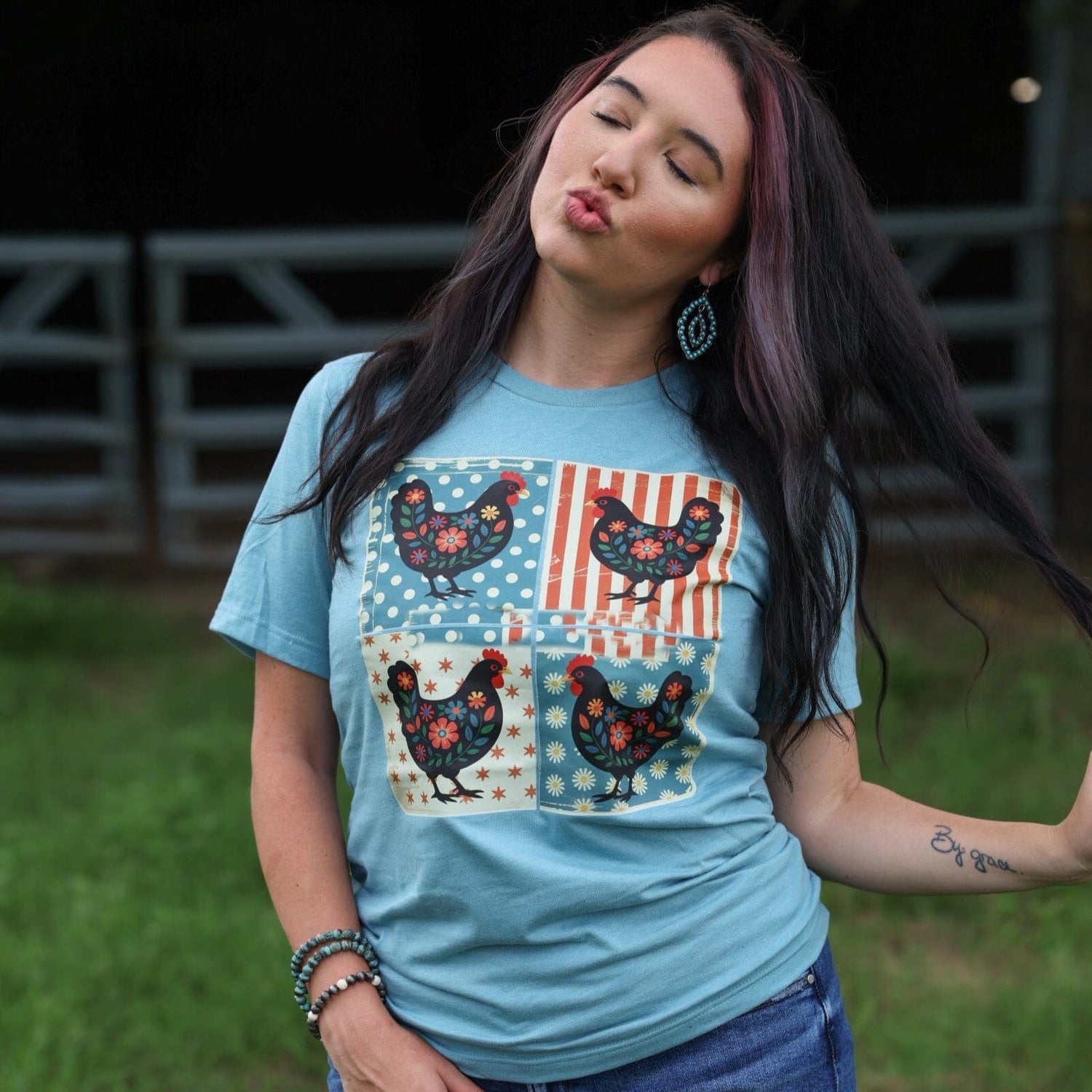 Women - Apparel - Shirts - T-Shirts Patriotic Chicken Patchwork Soft Graphic Tee