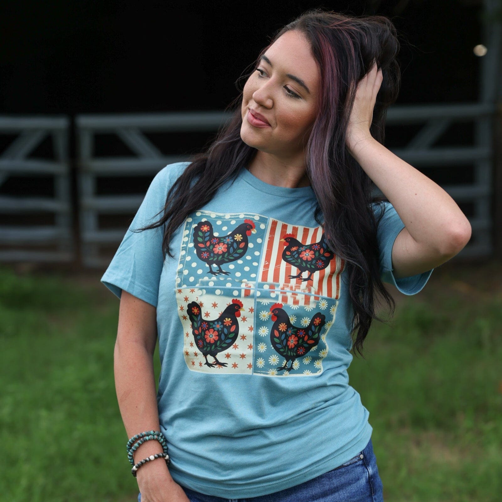 Women - Apparel - Shirts - T-Shirts Patriotic Chicken Patchwork Soft Graphic Tee