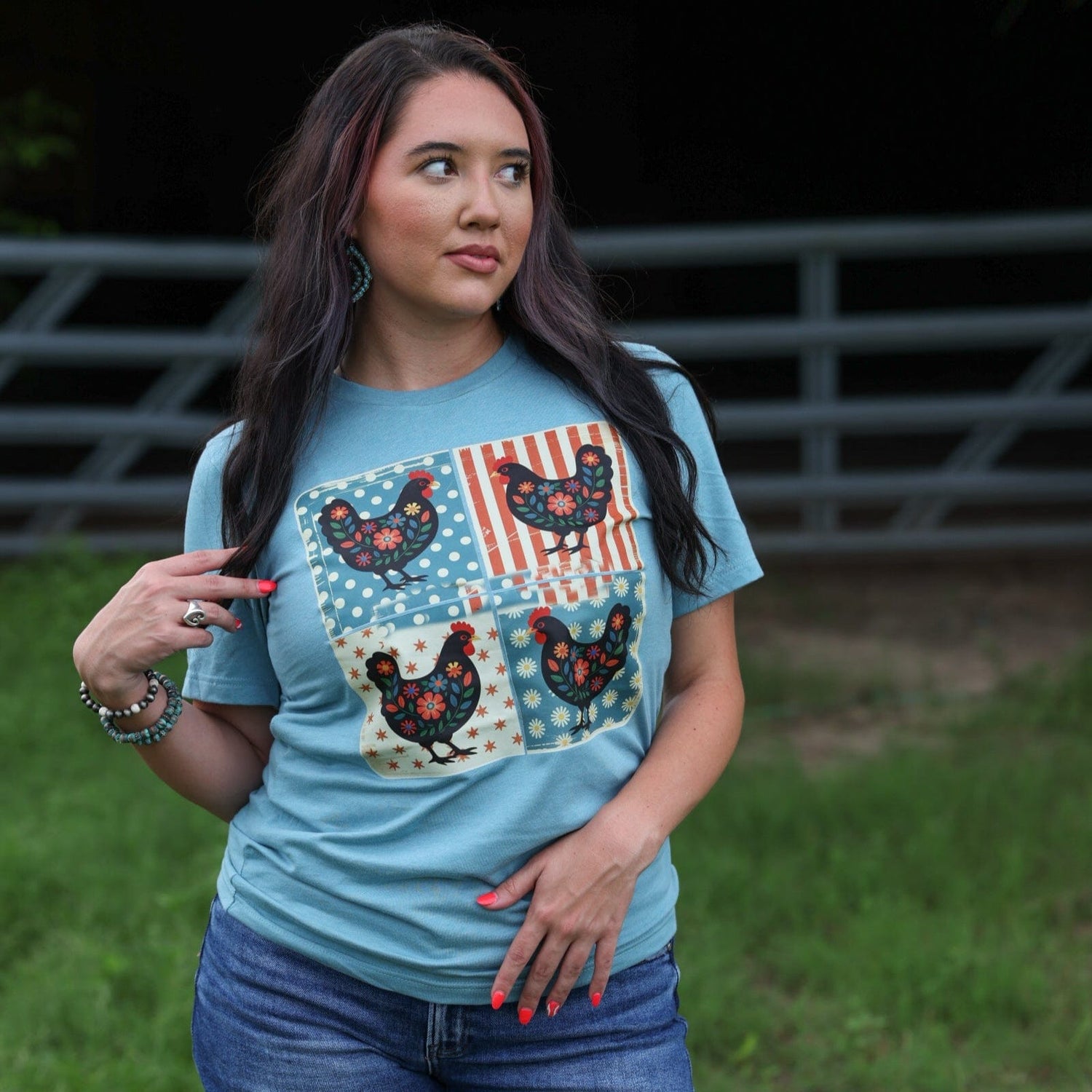 Women - Apparel - Shirts - T-Shirts Patriotic Chicken Patchwork Soft Graphic Tee