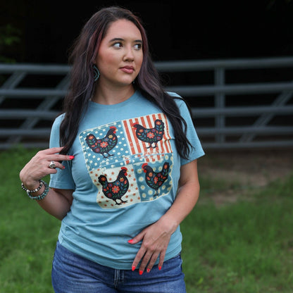 Women - Apparel - Shirts - T-Shirts Patriotic Chicken Patchwork Soft Graphic Tee