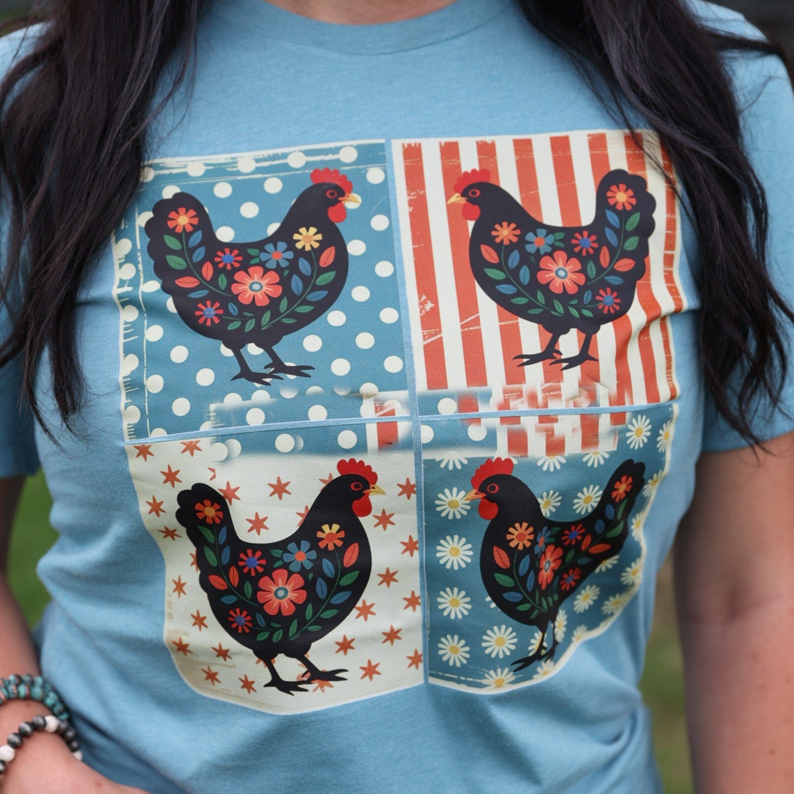 Women - Apparel - Shirts - T-Shirts Patriotic Chicken Patchwork Soft Graphic Tee
