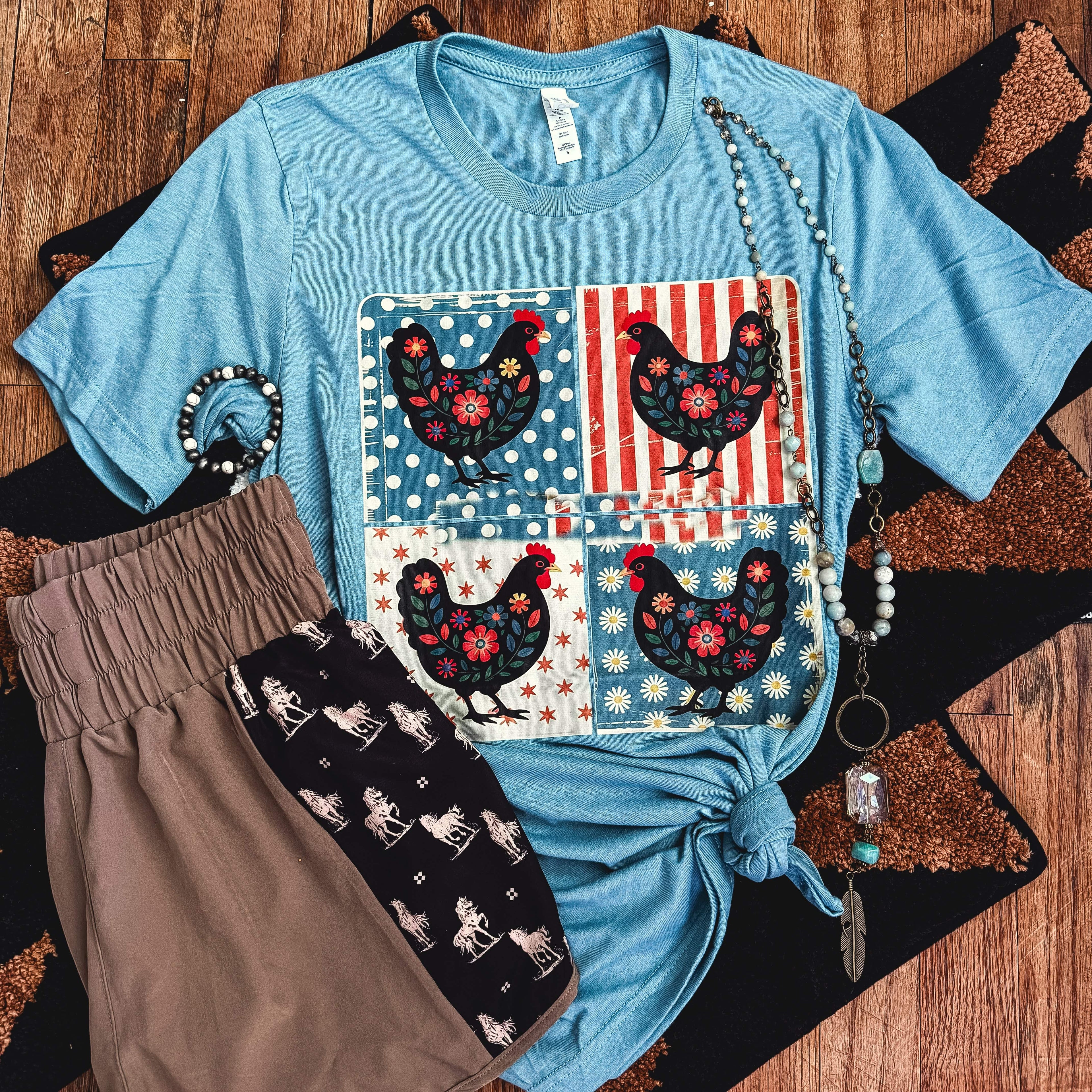 Women - Apparel - Shirts - T-Shirts Patriotic Chicken Patchwork Soft Graphic Tee