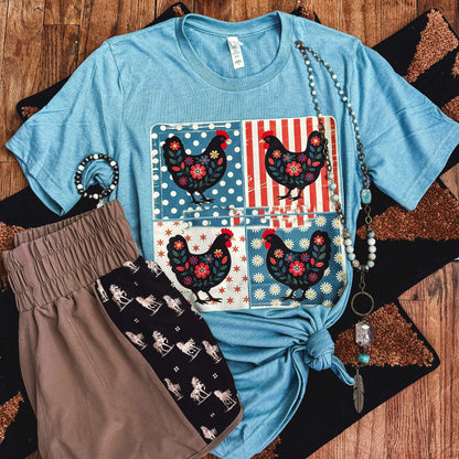 Women - Apparel - Shirts - T-Shirts Patriotic Chicken Patchwork Soft Graphic Tee