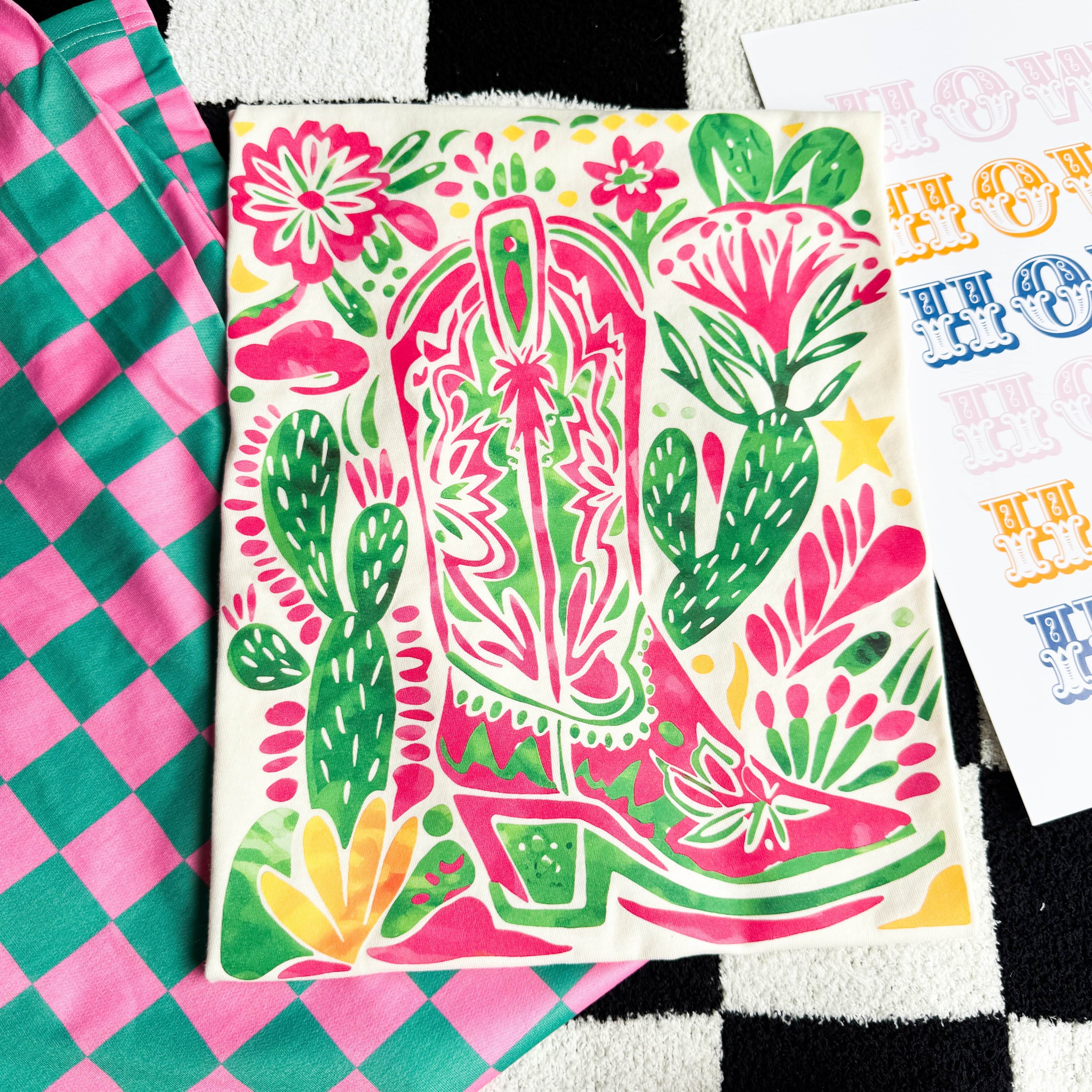 Women - Apparel - Shirts - T-Shirts Pink Cactus Boot Graphic Tee