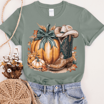 Women - Apparel - Shirts - T-Shirts Pumpkin with Cowboy Boot Graphic Tee