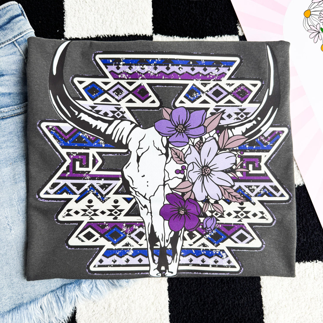Women - Apparel - Shirts - T-Shirts Purple Aztec Cowskull Graphic Tee