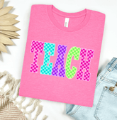 Women - Apparel - Shirts - T-Shirts TEACH Checkered Neon Graphic Tee