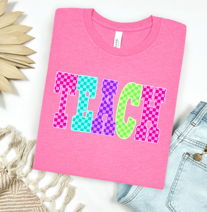 Women - Apparel - Shirts - T-Shirts TEACH Checkered Neon Graphic Tee