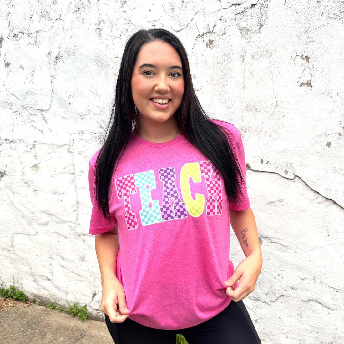 Women - Apparel - Shirts - T-Shirts TEACH Checkered Neon Graphic Tee