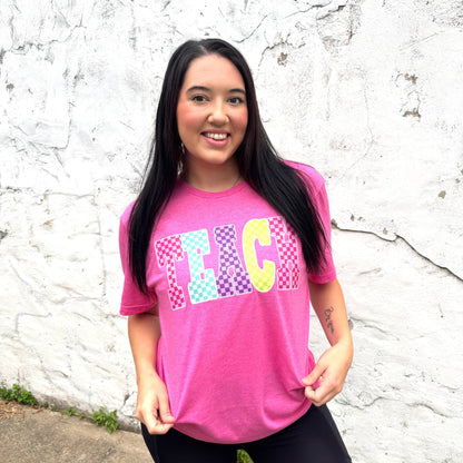 Women - Apparel - Shirts - T-Shirts TEACH Checkered Neon Graphic Tee