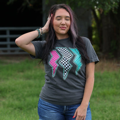 Women - Apparel - Shirts - T-Shirts Triple Lightning Bolt Turquoise Border Tee Soft Graphic Tee