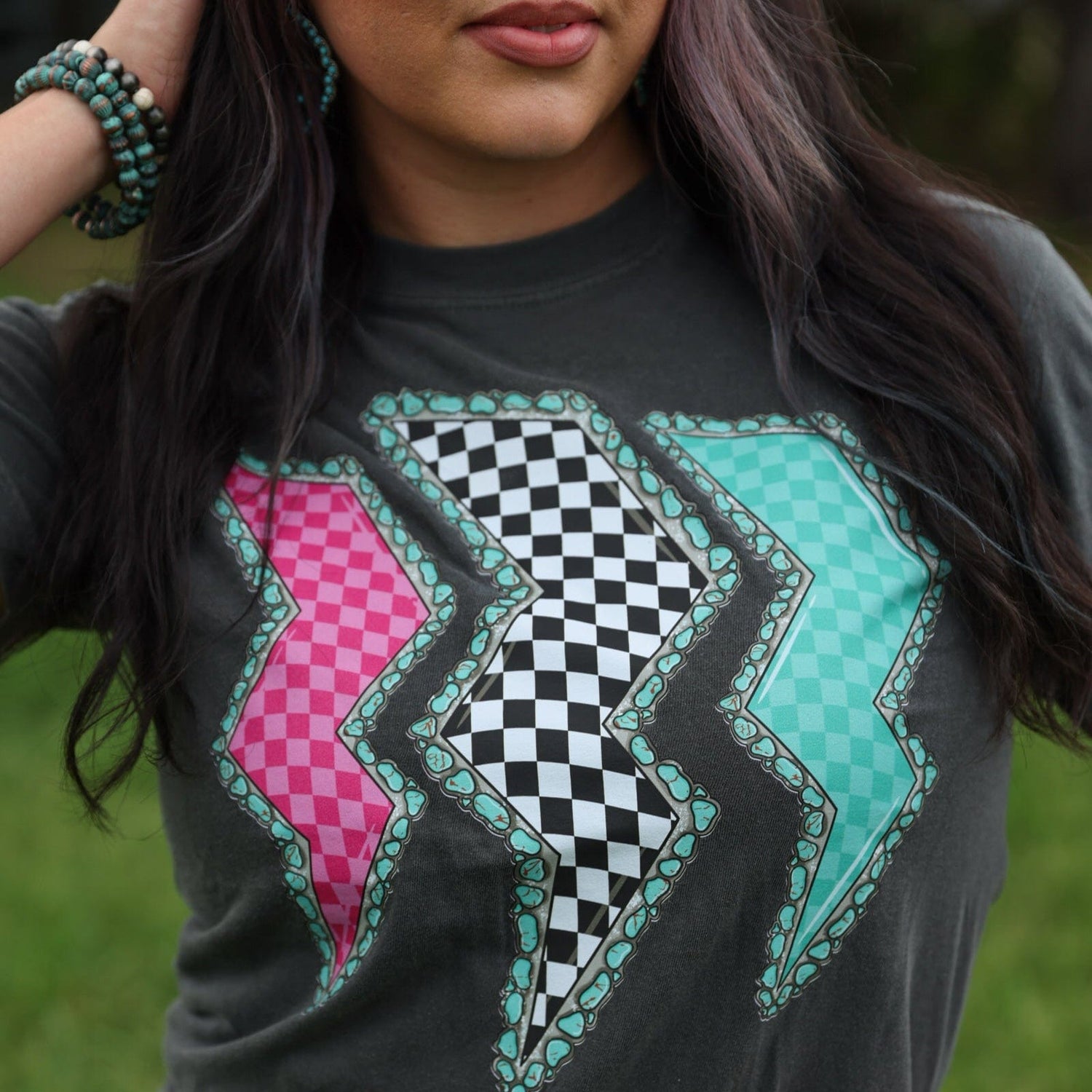 Women - Apparel - Shirts - T-Shirts Triple Lightning Bolt Turquoise Border Tee Soft Graphic Tee