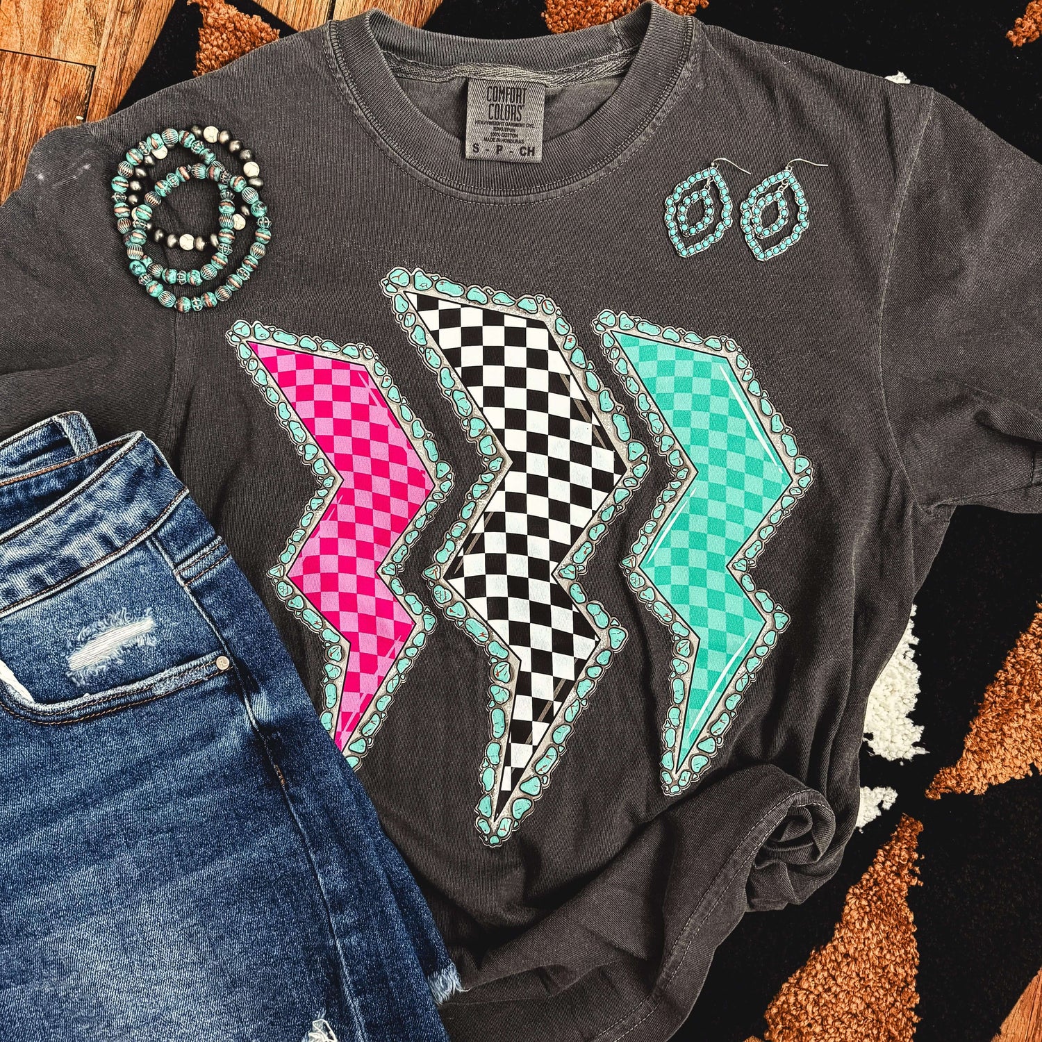 Women - Apparel - Shirts - T-Shirts Triple Lightning Bolt Turquoise Border Tee Soft Graphic Tee