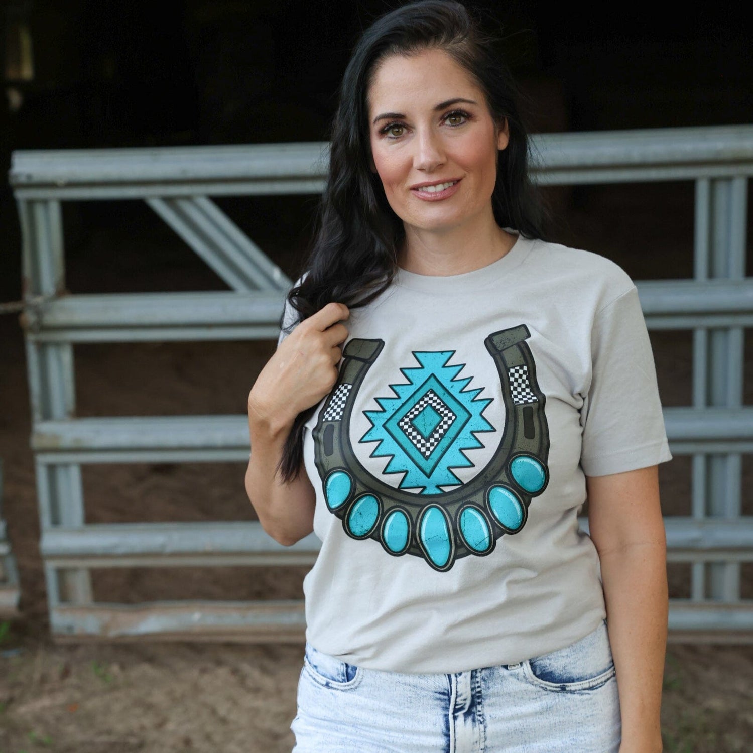Women - Apparel - Shirts - T-Shirts Turquoise Aztec Horseshoe Soft Graphic Tee