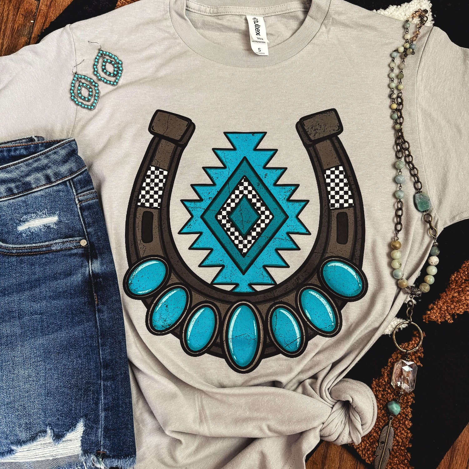 Women - Apparel - Shirts - T-Shirts Turquoise Aztec Horseshoe Soft Graphic Tee