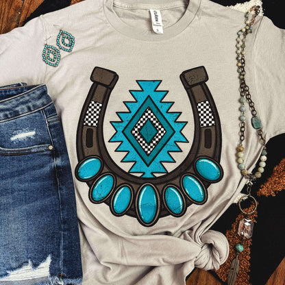 Women - Apparel - Shirts - T-Shirts Turquoise Aztec Horseshoe Soft Graphic Tee