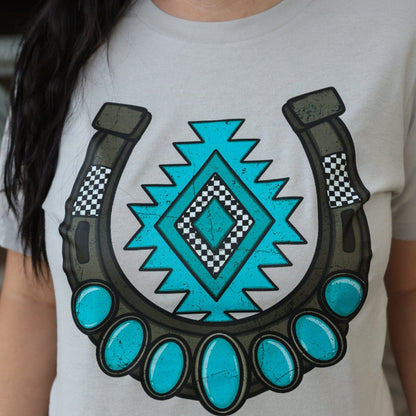 Women - Apparel - Shirts - T-Shirts Turquoise Aztec Horseshoe Soft Graphic Tee