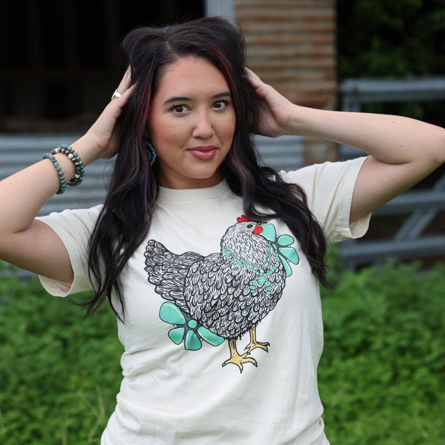 Women - Apparel - Shirts - T-Shirts Turquoise Chicken with Flowers Soft Graphic Tee