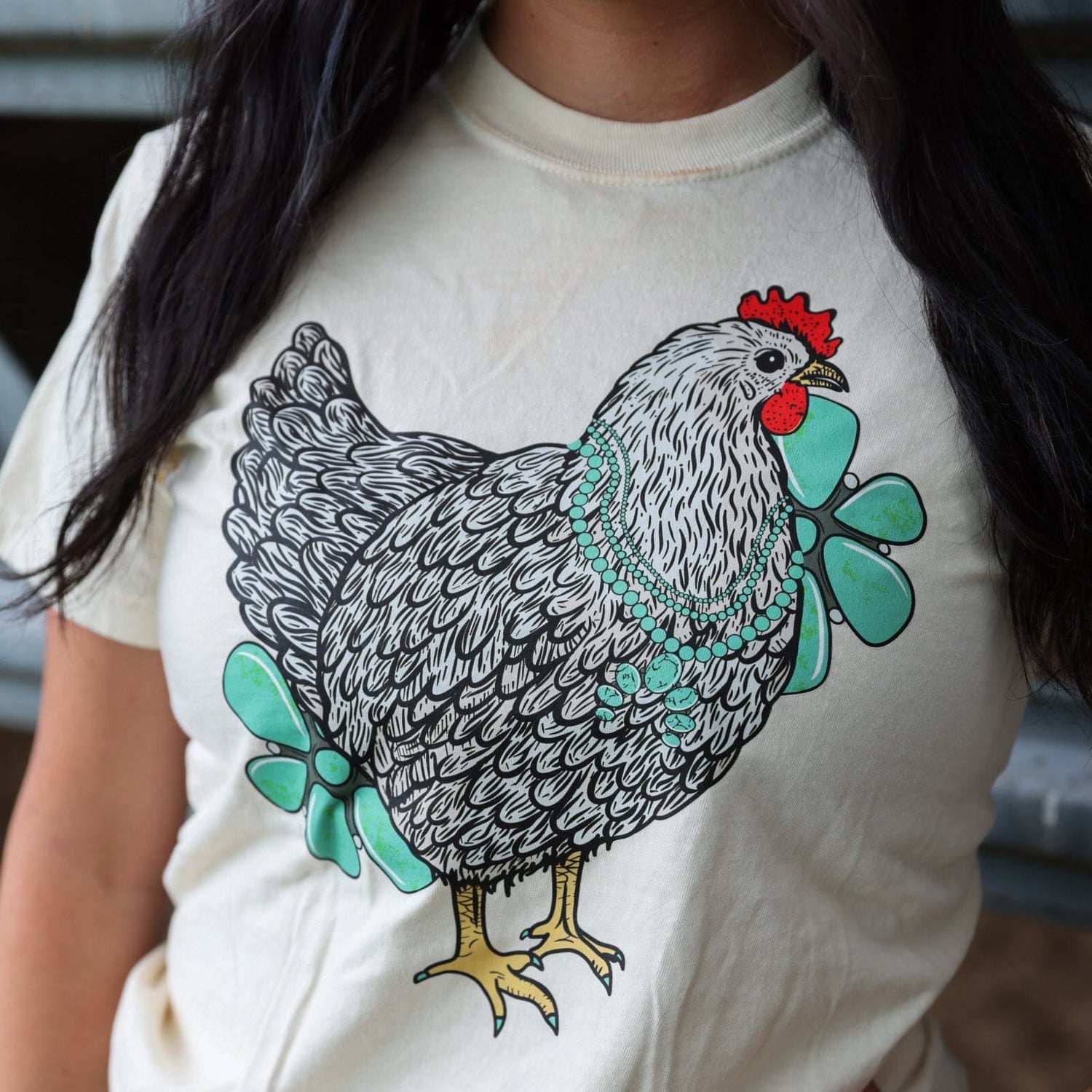 Women - Apparel - Shirts - T-Shirts Turquoise Chicken with Flowers Soft Graphic Tee