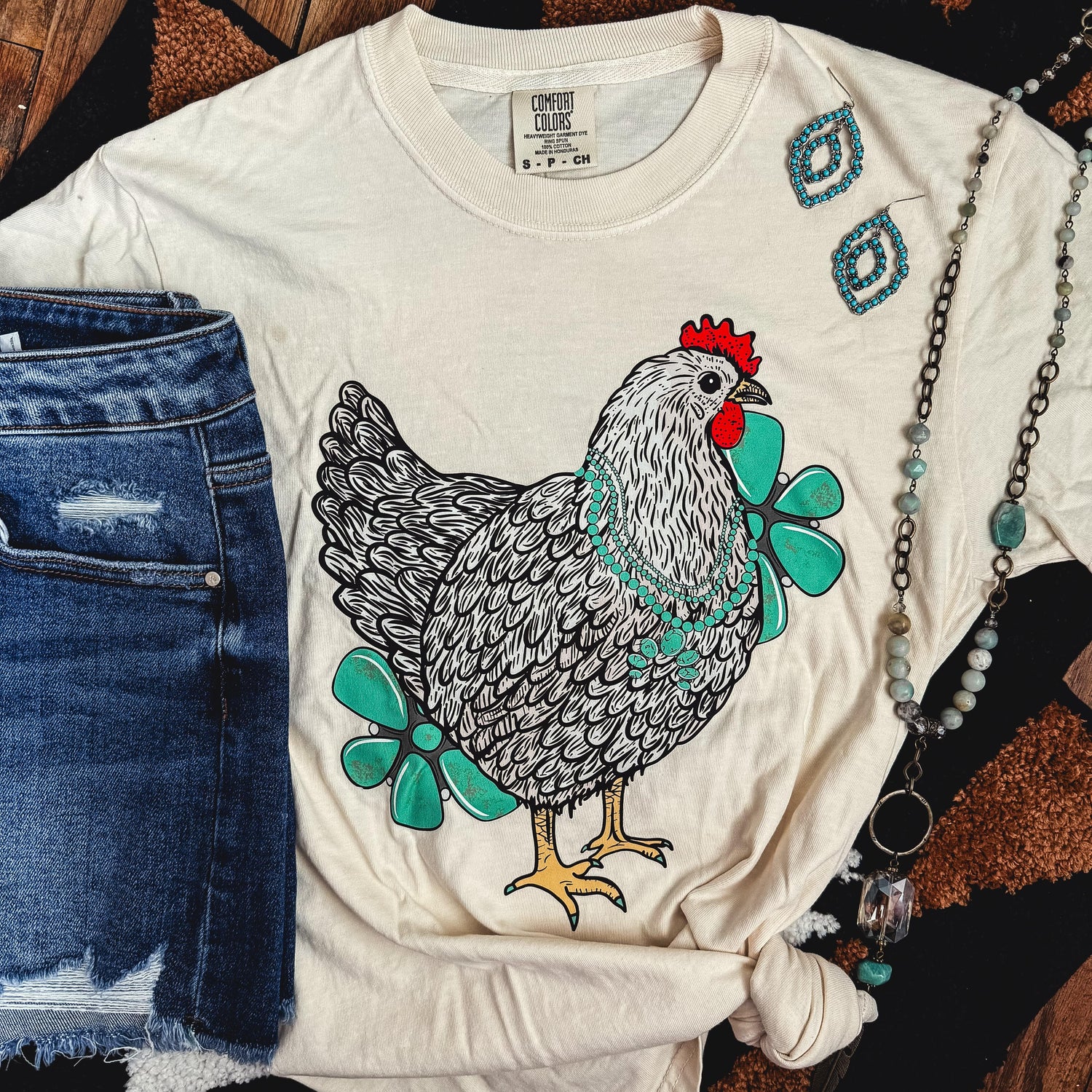 Women - Apparel - Shirts - T-Shirts Turquoise Chicken with Flowers Soft Graphic Tee