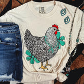 Women - Apparel - Shirts - T-Shirts Turquoise Chicken with Flowers Soft Graphic Tee