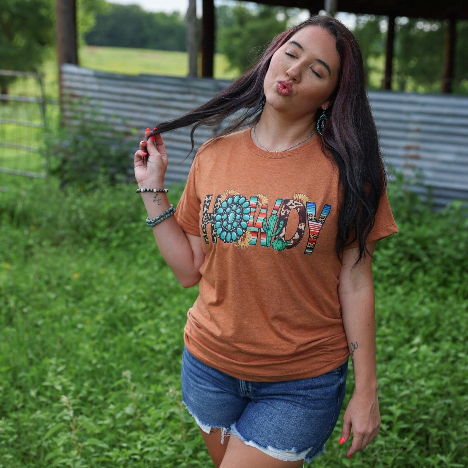 Women - Apparel - Shirts - T-Shirts Turquoise Serape Howdy Soft Graphic Tee