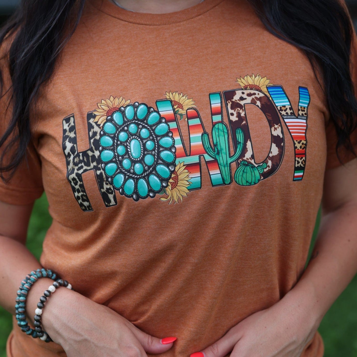 Women - Apparel - Shirts - T-Shirts Turquoise Serape Howdy Soft Graphic Tee