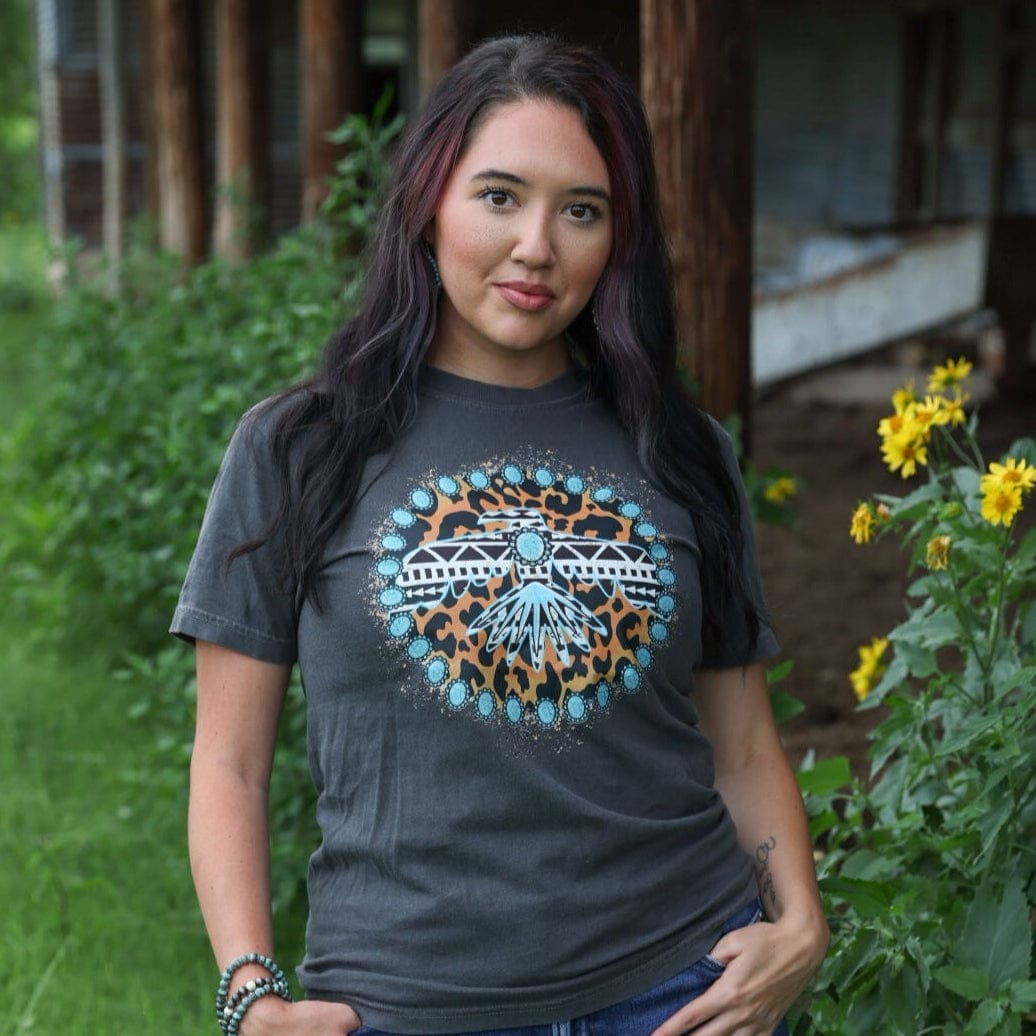 Women - Apparel - Shirts - T-Shirts Turquoise Thunderbird Aztec Leopard Soft Graphic Tee