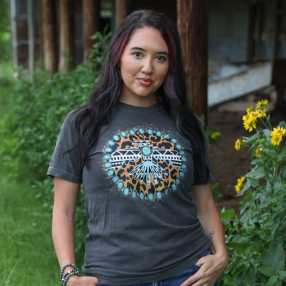 Women - Apparel - Shirts - T-Shirts Turquoise Thunderbird Aztec Leopard Soft Graphic Tee