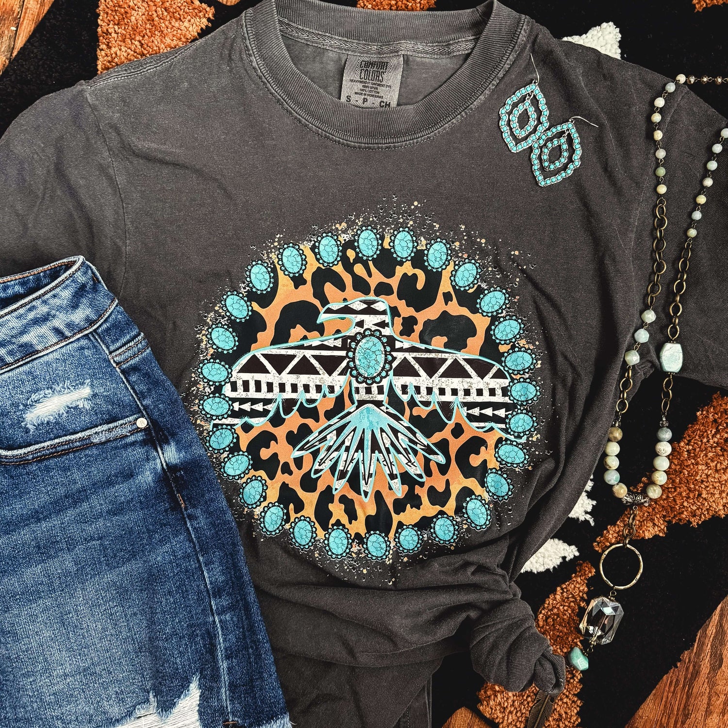 Women - Apparel - Shirts - T-Shirts Turquoise Thunderbird Aztec Leopard Soft Graphic Tee