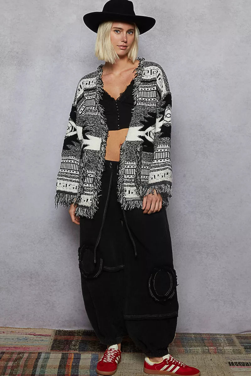 POL Open Front Geometric Print Cardigan with Fringe Detail