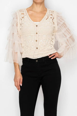 CROCHET CROPPED CARDIGAN WITH TIERED MESH SLEEVES OLS-4941: Black / S/M