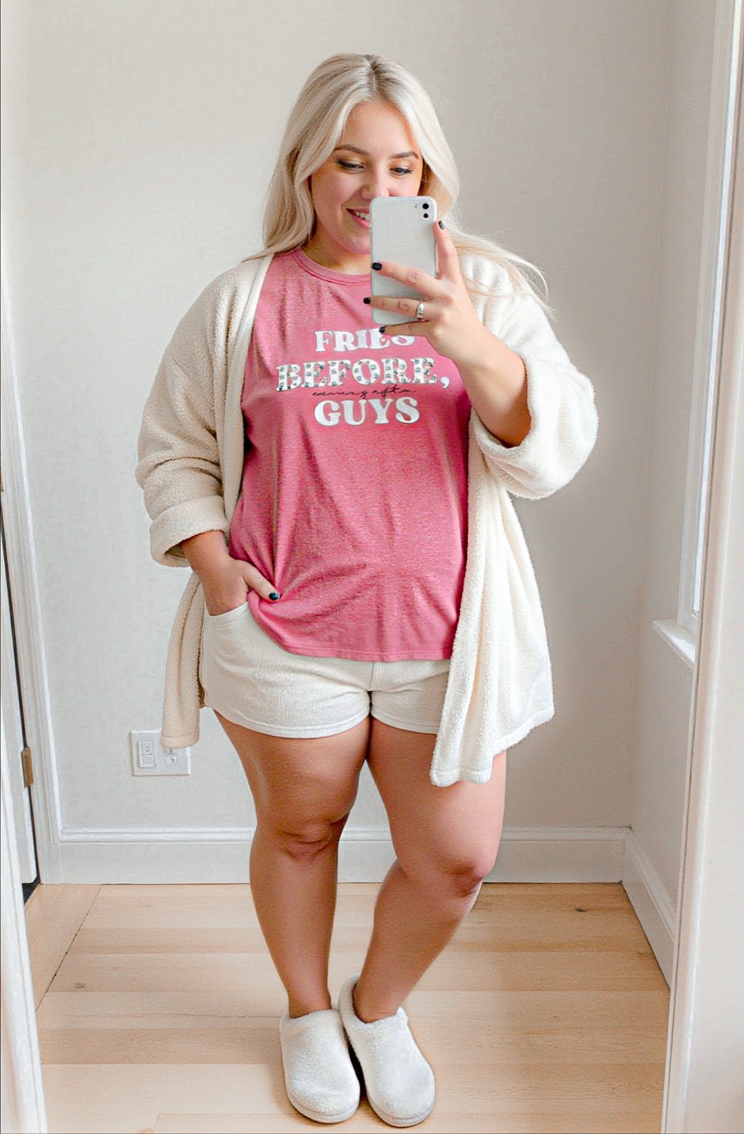 “Fries Before, During, &amp; After Guys” Graphic &amp; Studded Washed Tee - Girl Code Couture