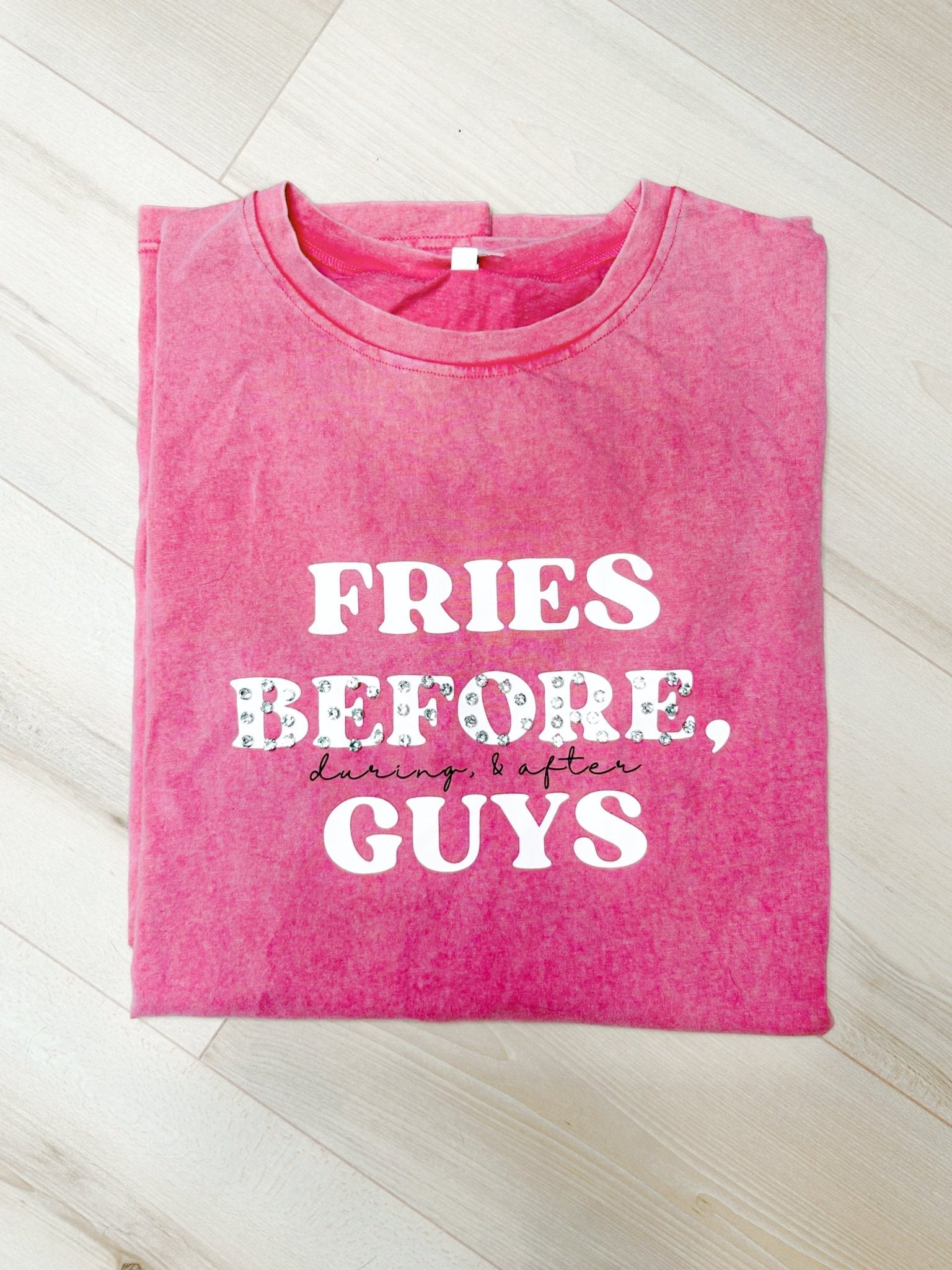 “Fries Before, During, &amp; After Guys” Graphic &amp; Studded Washed Tee - Girl Code Couture