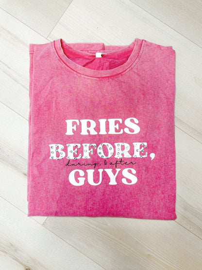 “Fries Before, During, &amp; After Guys” Graphic &amp; Studded Washed Tee - Girl Code Couture