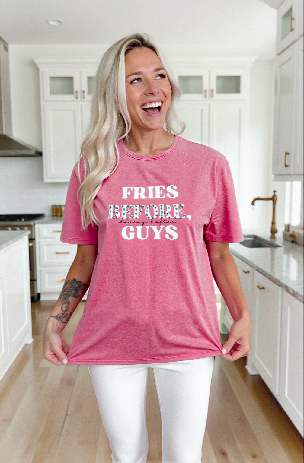 “Fries Before, During, &amp; After Guys” Graphic &amp; Studded Washed Tee - Girl Code Couture