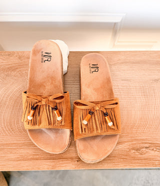 Lilliam Fringe Beaded Sandals in Tan
