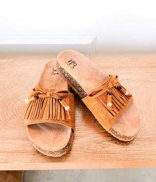Lilliam Fringe Beaded Sandals in Tan