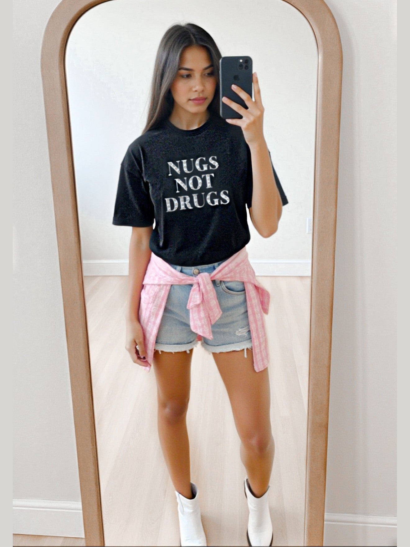 “Nugs Not Drugs” Graphic &amp; Studded Washed Tee - Girl Code Couture