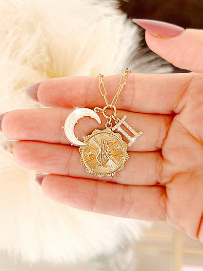 PRE - ORDER 3 Charm Zodiac &amp; Moon Cubic Zirconia Pendant Necklace - Girl Code Couture