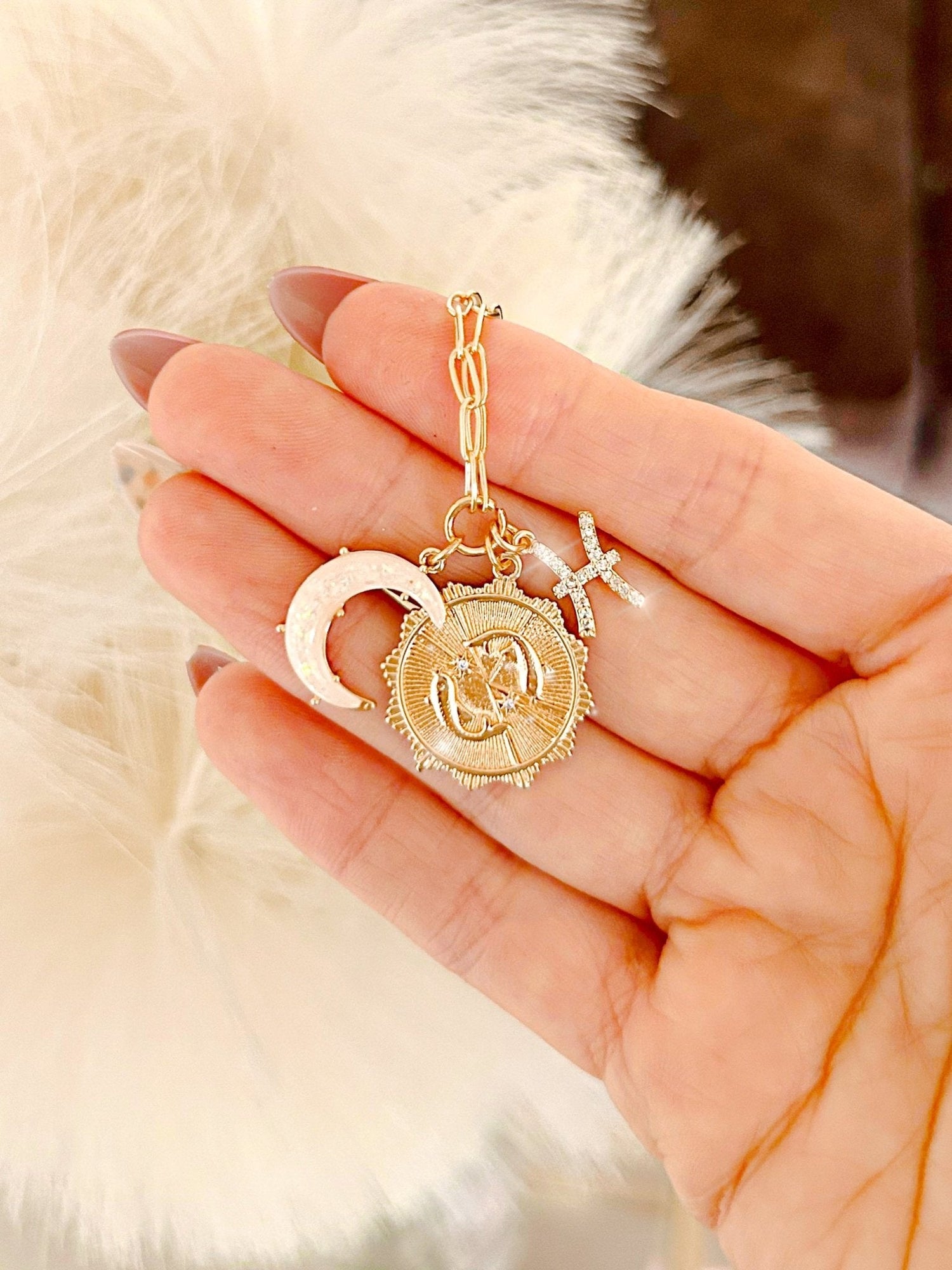 PRE - ORDER 3 Charm Zodiac &amp; Moon Cubic Zirconia Pendant Necklace - Girl Code Couture