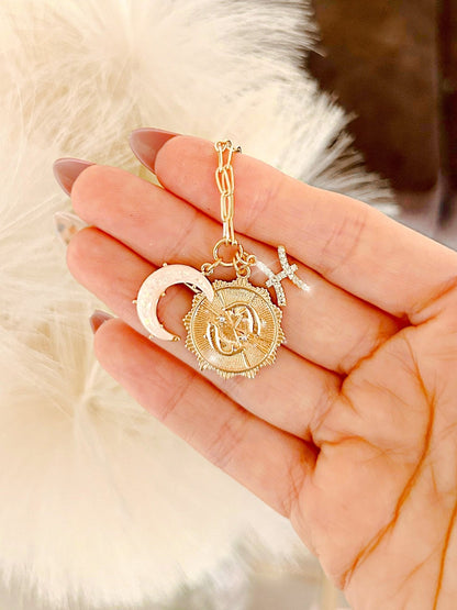 PRE - ORDER 3 Charm Zodiac &amp; Moon Cubic Zirconia Pendant Necklace - Girl Code Couture