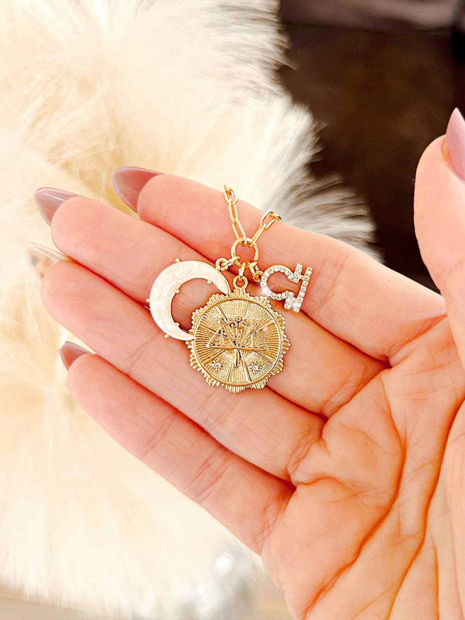 PRE - ORDER 3 Charm Zodiac &amp; Moon Cubic Zirconia Pendant Necklace - Girl Code Couture