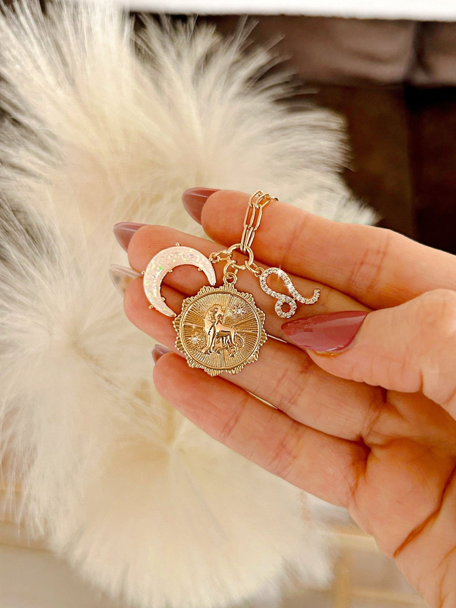 PRE - ORDER 3 Charm Zodiac &amp; Moon Cubic Zirconia Pendant Necklace - Girl Code Couture
