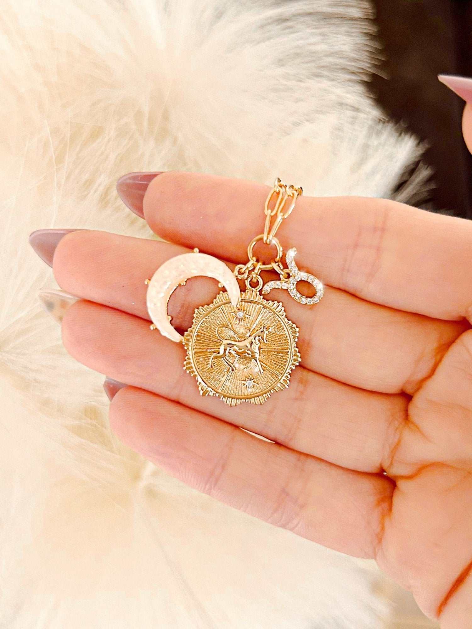 PRE - ORDER 3 Charm Zodiac &amp; Moon Cubic Zirconia Pendant Necklace - Girl Code Couture