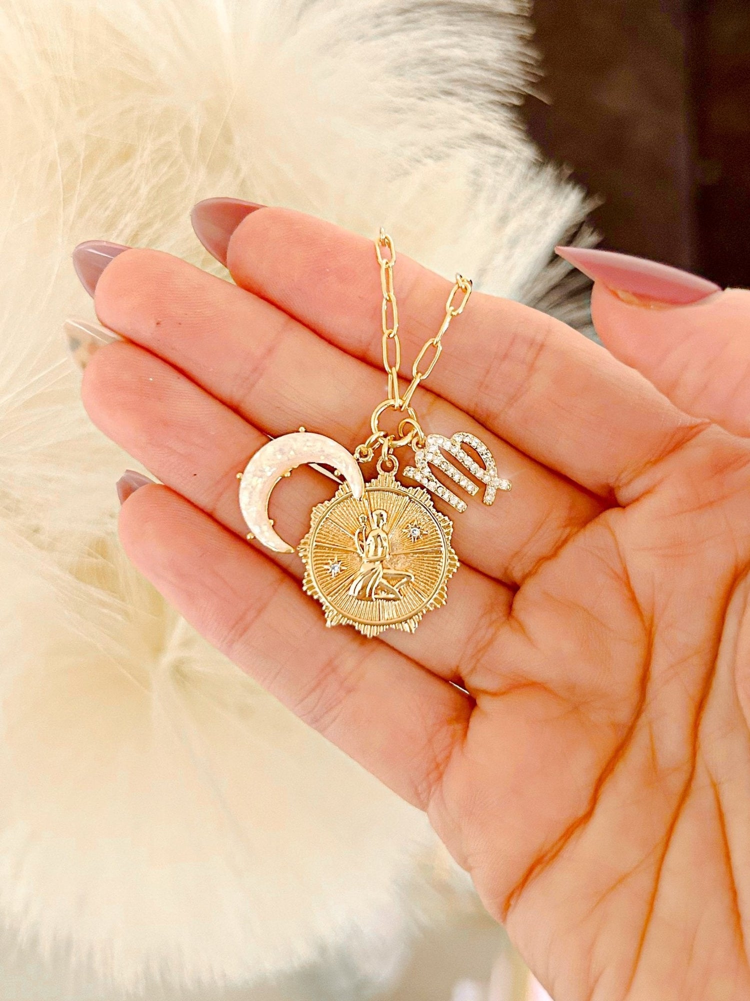 PRE - ORDER 3 Charm Zodiac &amp; Moon Cubic Zirconia Pendant Necklace - Girl Code Couture