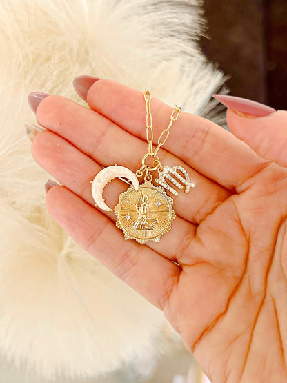 PRE - ORDER 3 Charm Zodiac &amp; Moon Cubic Zirconia Pendant Necklace - Girl Code Couture