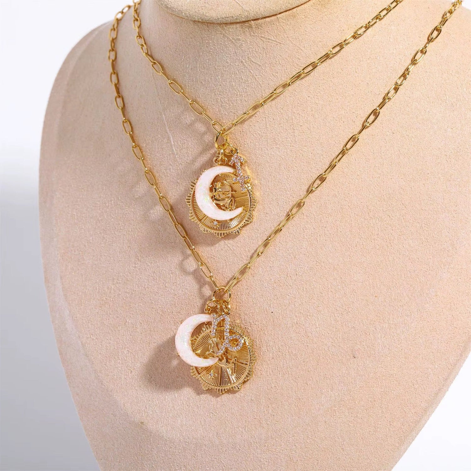 PRE - ORDER 3 Charm Zodiac &amp; Moon Cubic Zirconia Pendant Necklace - Girl Code Couture