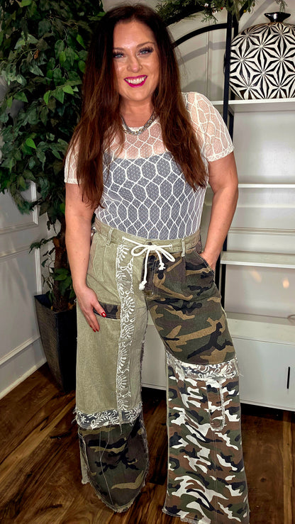Camoflauge Patchwork Wide Leg Cargo Pants